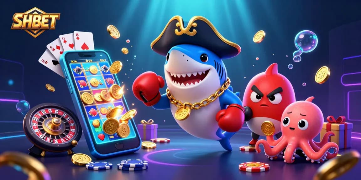 SHBET's pirate shark character enjoying vibrant slot game action amidst animated coins and casino elements.