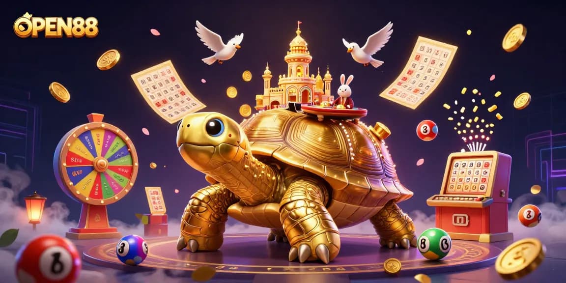 Experience the exciting world of OPEN88 with a 3D rabbit dealer and vibrant casino elements.