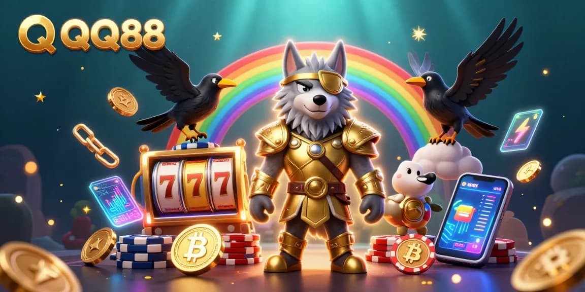 Experience QQ88 with Odin's wolf and ravens amidst a vibrant casino world of crypto.