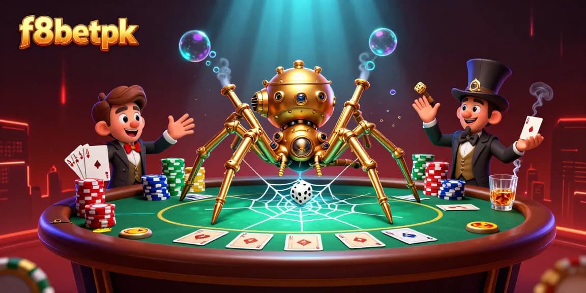 f8betpk engages in a lively poker scene with a whimsical steampunk spider and fly gentleman.