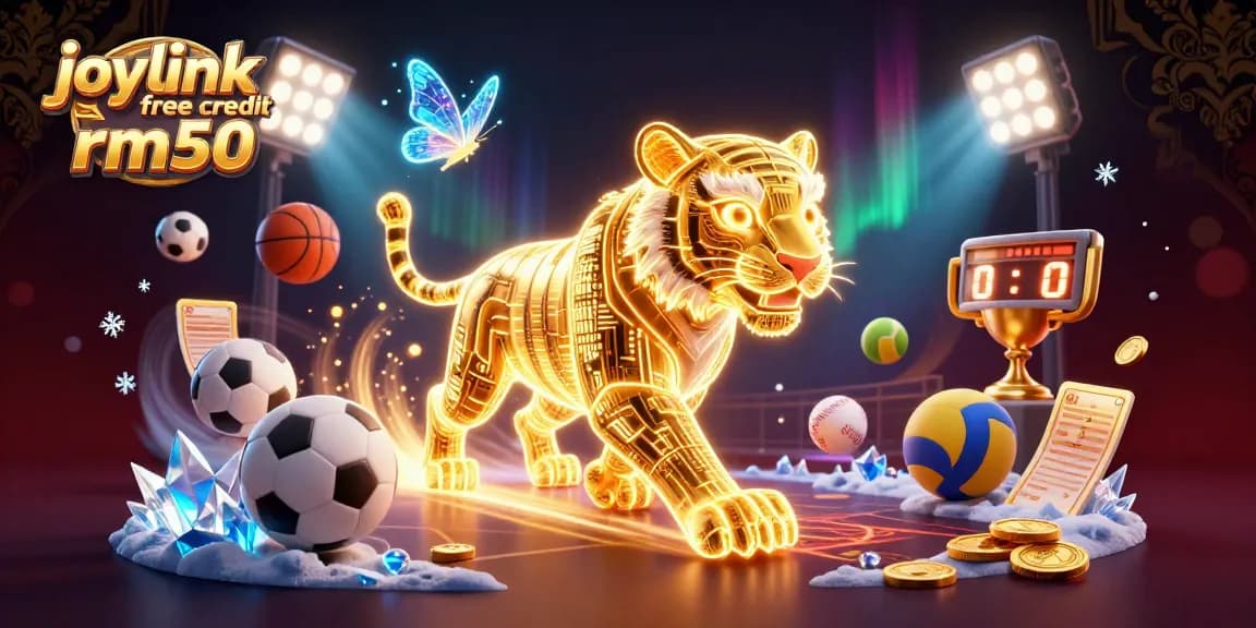 Join the excitement with joylink free credit rm50 at the digital casino featuring a neon tiger and dynamic sports elements.
