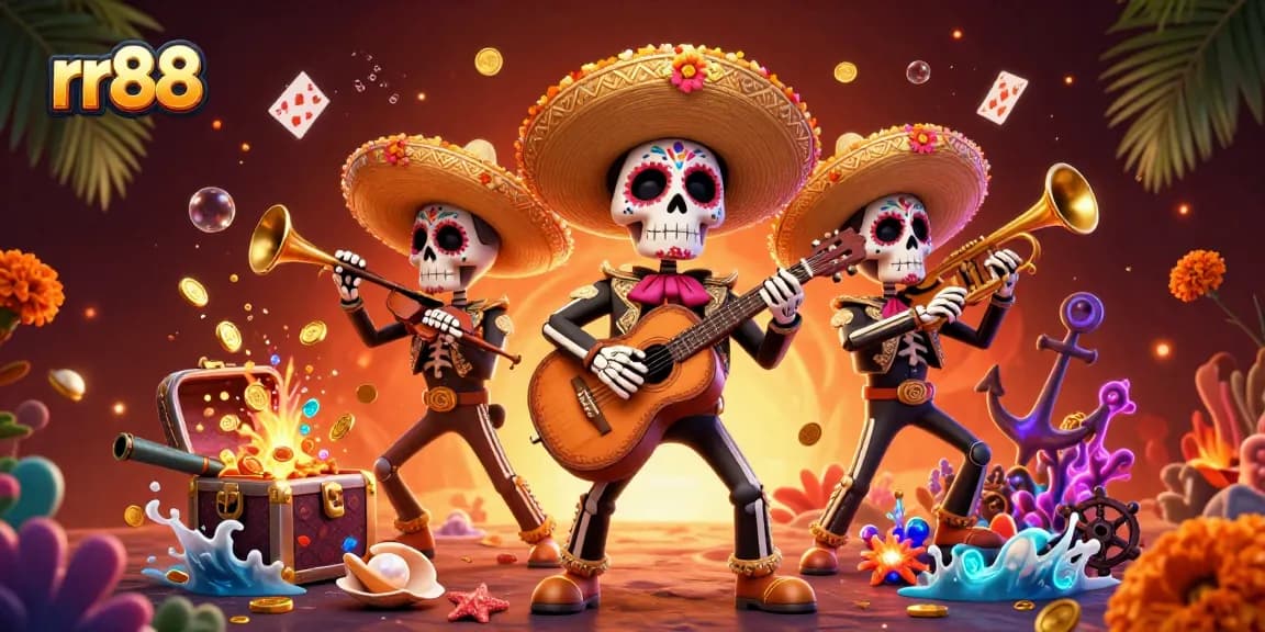 Engage with thrilling gameplay at rr88, featuring a vibrant mariachi band and dazzling treasure illustrations.