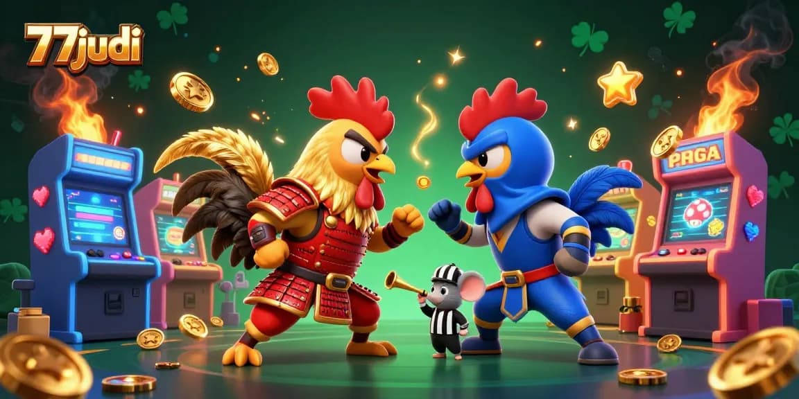 Experience thrilling gameplay at 77judi with vibrant 3D roosters in a lively casino setting.