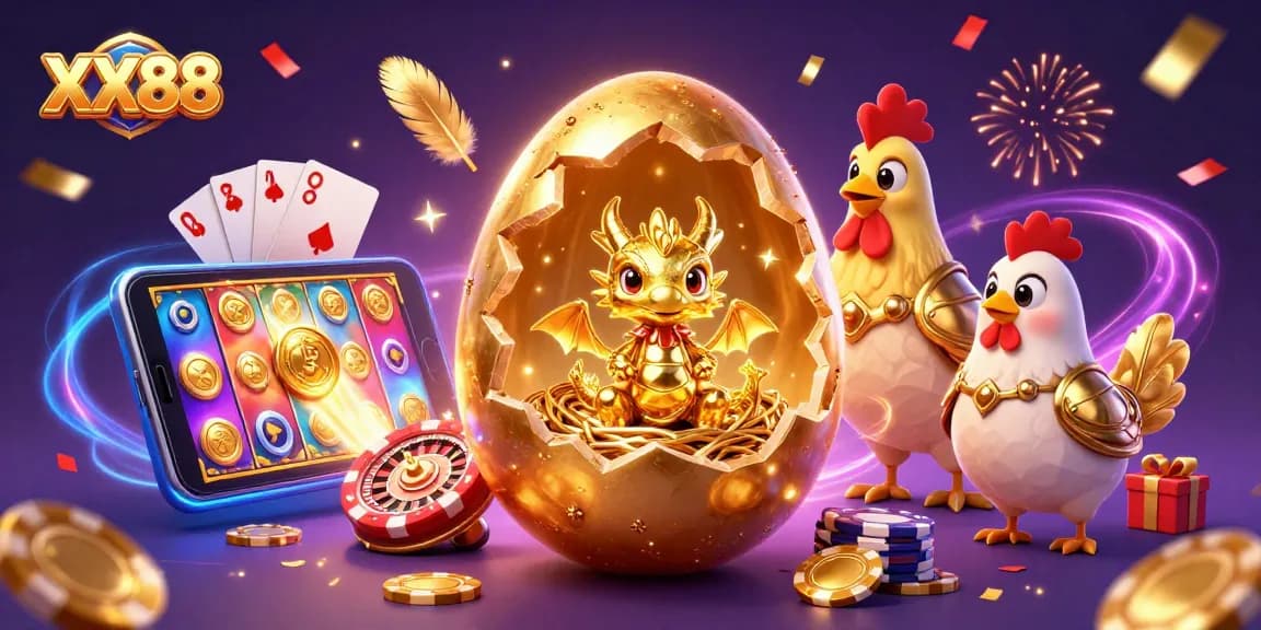Engage in thrilling gameplay with XX88, featuring a baby dragon on poker chips amidst a vibrant casino scene.