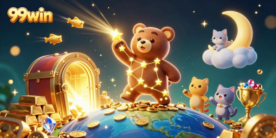 Experience the thrill of winning at 99win while the constellation bear gathers coins amid dazzling treasures.