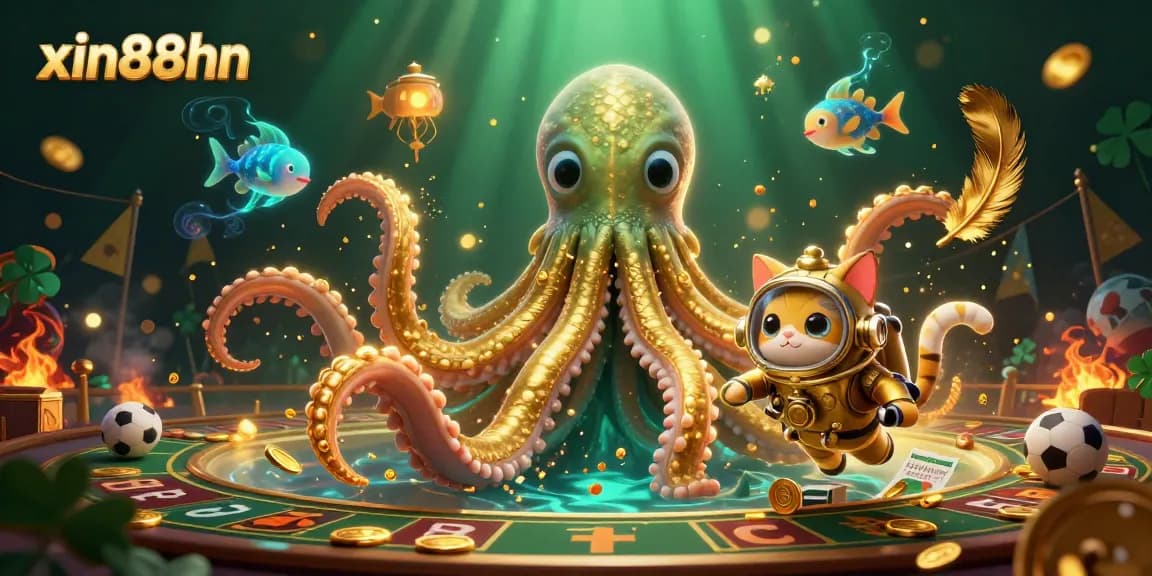 Engage with xin88hn in the vivid world of online sports betting with immersive elements featuring a kraken and diving cat.