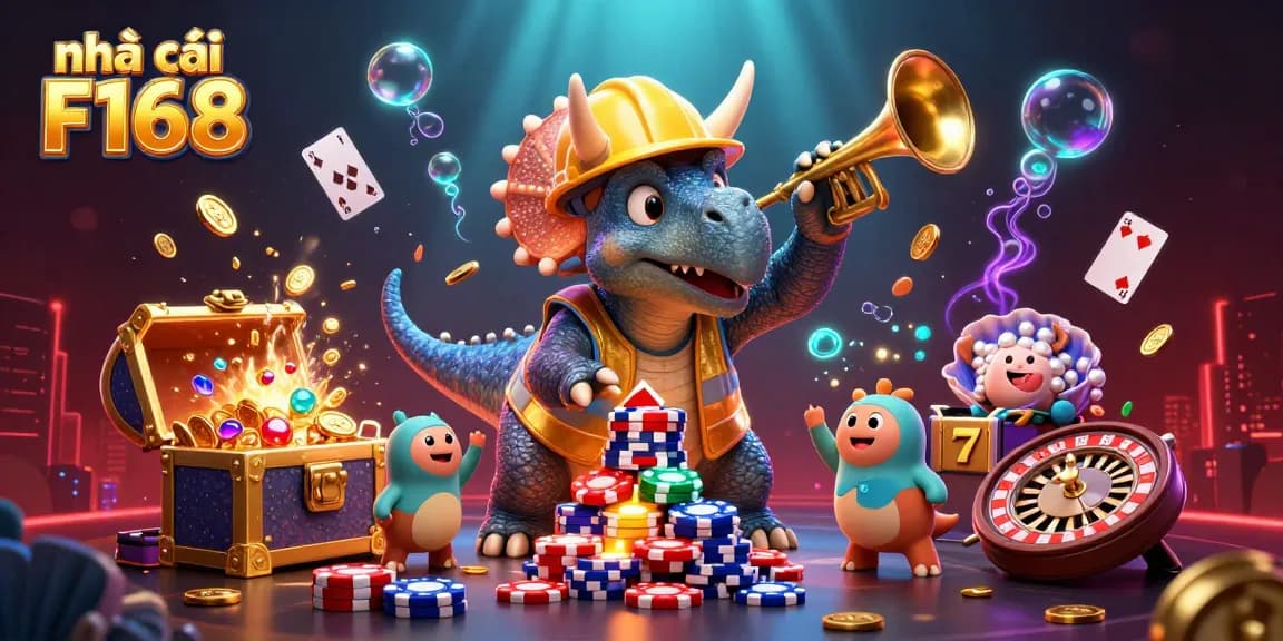 Experience the thrill of Nhà cái F168 with a celebration of poker chip mastery and dynamic casino elements in a vibrant 3D scene.