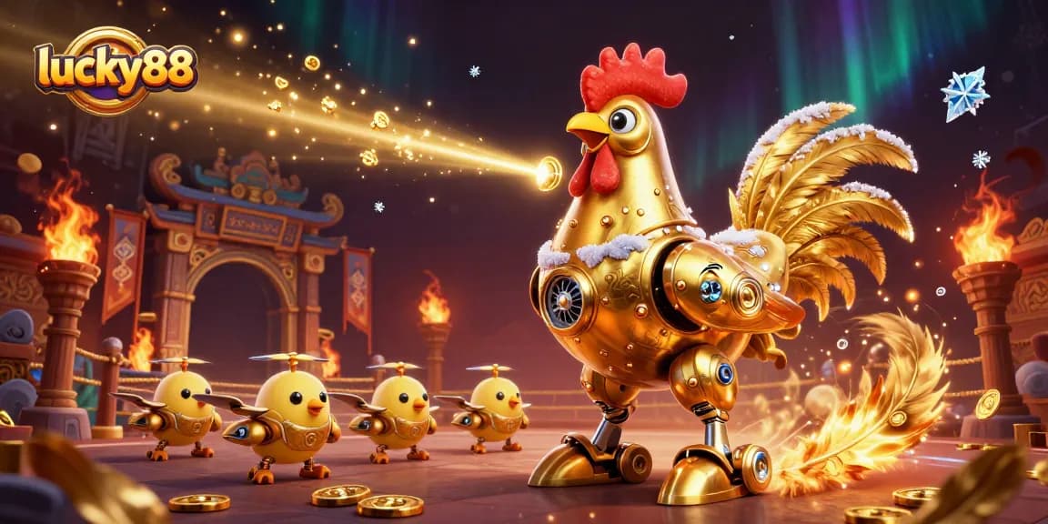 Play the exciting lucky88 slot game featuring a golden rooster robot and dynamic gambling elements.