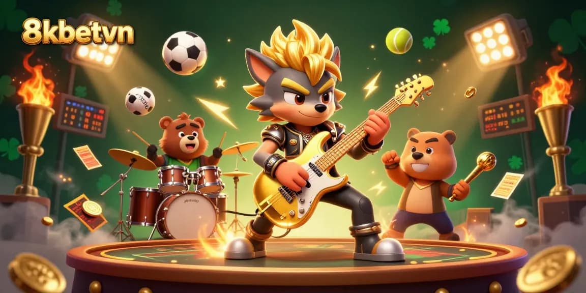 Engage in vibrant betting action at 8kbetvn with lively characters and sports elements.