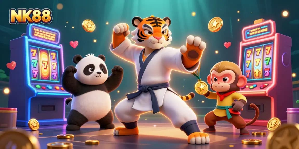 Play thrilling slots at NK88 with a cartoon kung fu tiger, panda, and mischievous monkey stealing treasures.