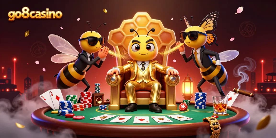 Engage in thrilling poker with go8casino's cartoon mob boss surrounded by vibrant gambling elements.