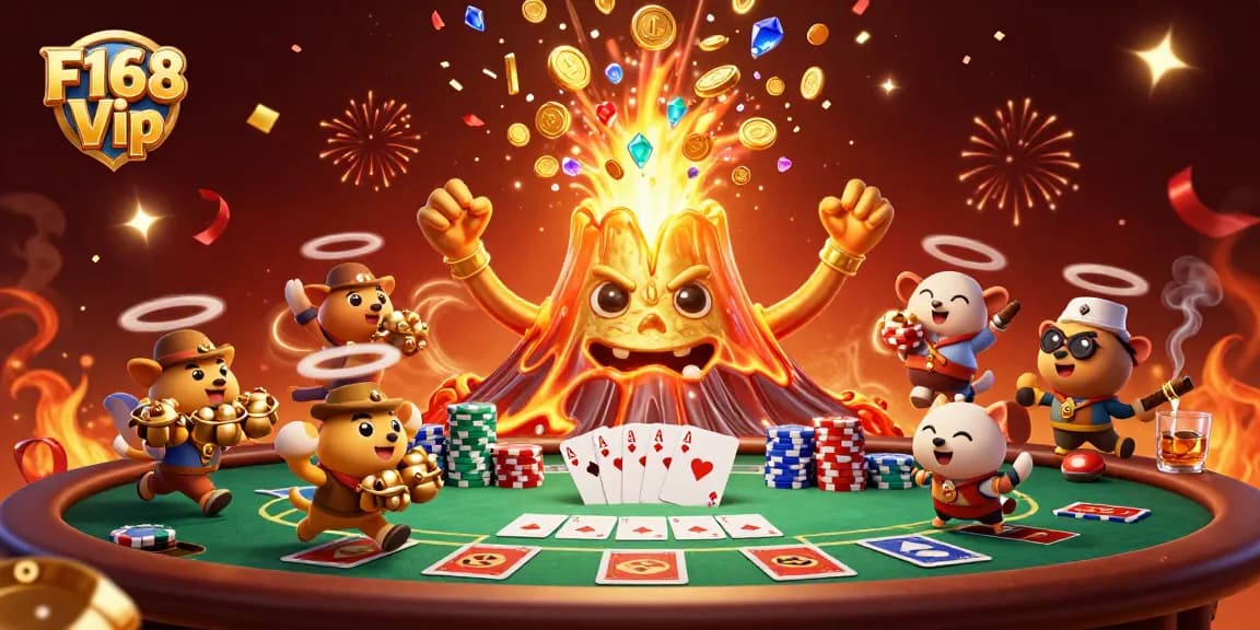 Win big with F168 Vip as golden volcanoes erupt coins amid intense poker action.