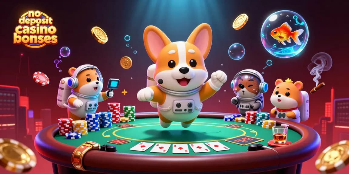 No deposit casino bonuses represented by cartoon elements floating in a vibrant space-themed casino.