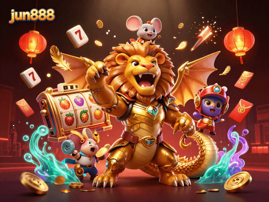 Experience the excitement of jun888 with a triumphant chimera and vibrant casino elements.