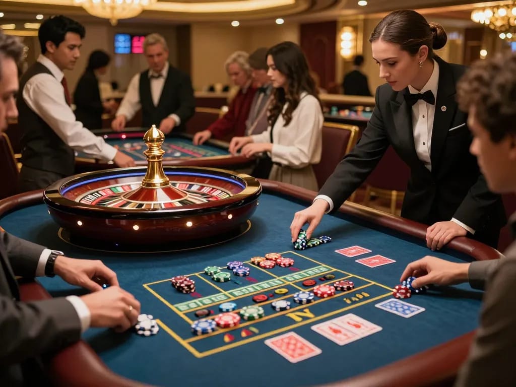 O8 players engaging at a roulette table, experiencing thrilling betting action in a luxurious casino.