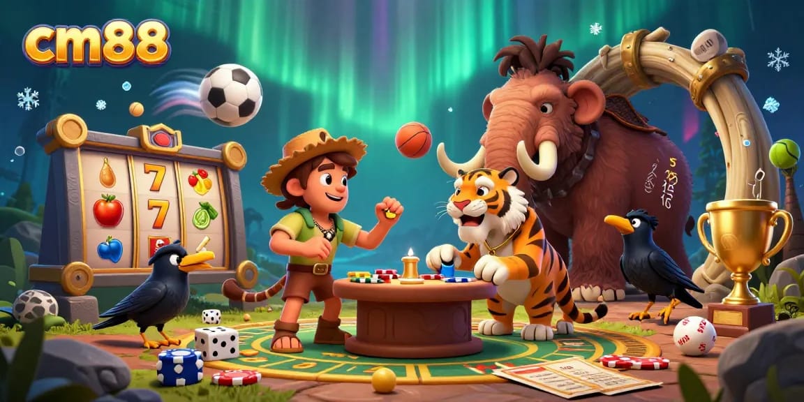 Engage with cm88's vibrant prehistoric casino scene featuring slot reels and sports balls in action.