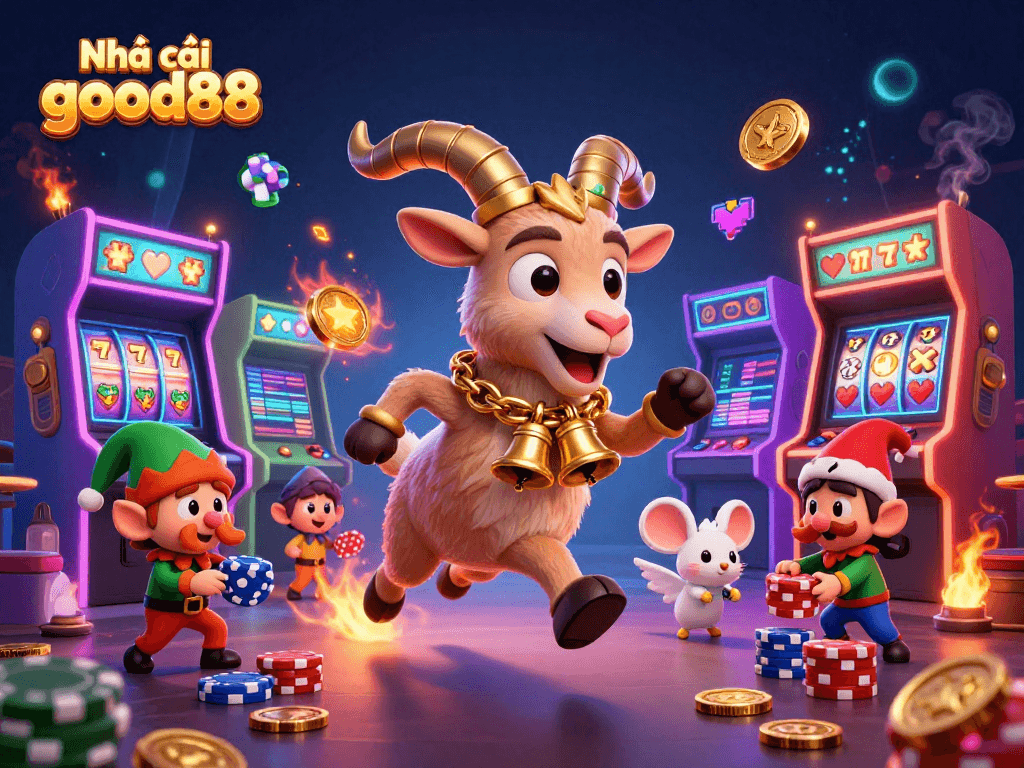 Engage with Nhà cái good88 in a vibrant, festive casino atmosphere filled with thrilling slot games and lively characters.
