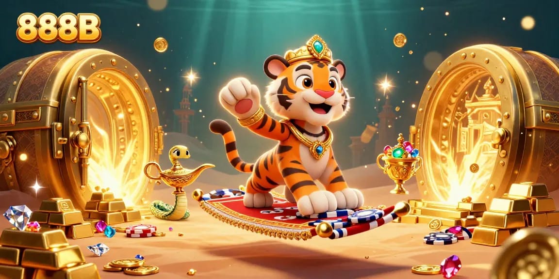 Experience excitement with 888B in a vibrant Arabian Nights casino illustration packed with gold and treasures.