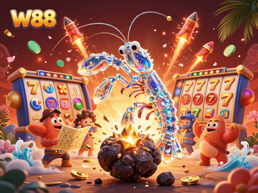 Experience thrilling wins at W88 with a cartoon samurai shrimp and dynamic casino elements.