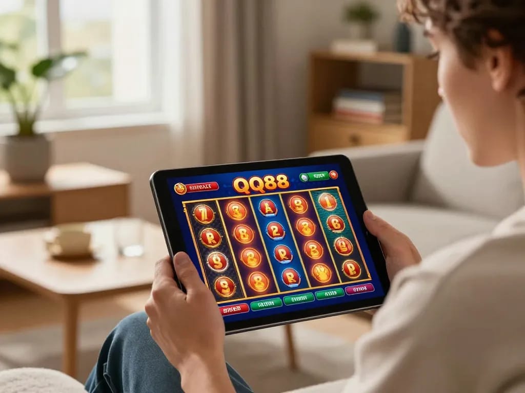 Engaging player enjoying QQ88 online gaming on a tablet in a cozy living room setting.
