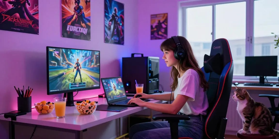 Engaging gaming scene with a woman playing an adult game on her laptop in a colorful room filled with ambient lights.
