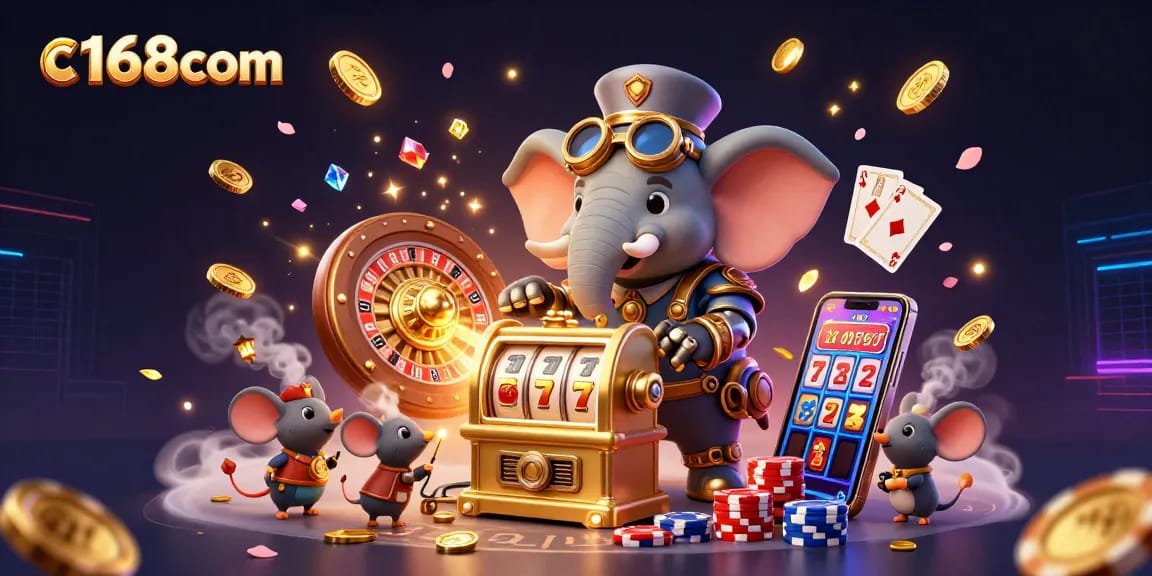 Experience thrilling gameplay at c168com with stunning 3D visuals of steampunk characters, slots, and coins.