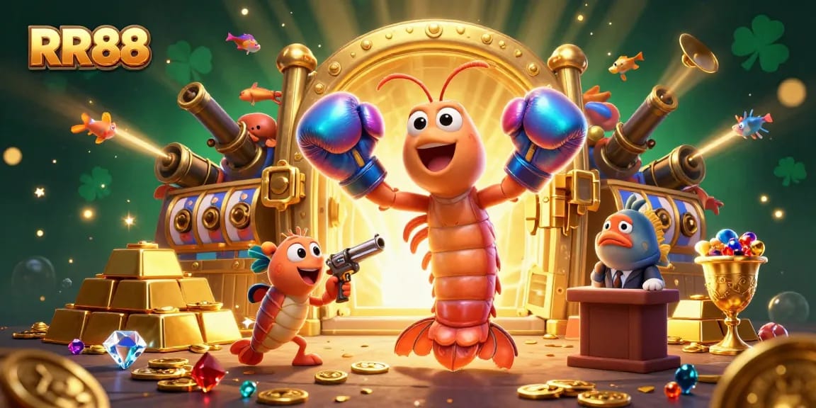 Win big with RR88 as mantis shrimp and shrimp sidekick unveil treasures in a vibrant casino scene.