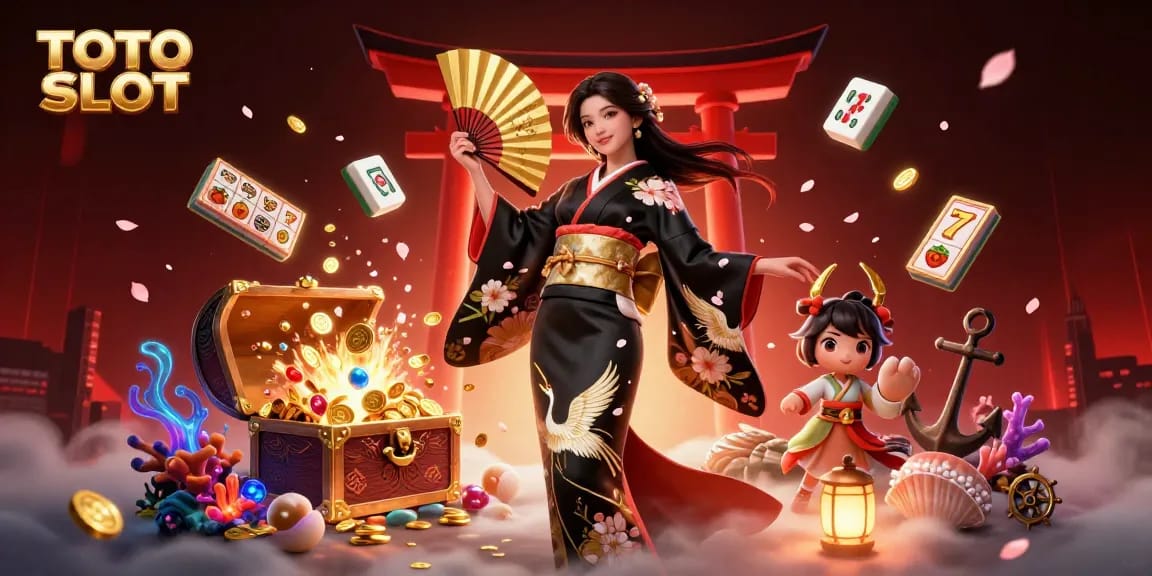 TOTO SLOT with engaging slot reels and an elegant woman in a rich casino illustration.