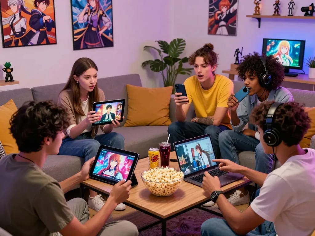 Engaging scene where friends play porn games together, showcasing a cozy living room filled with devices and gaming memorabilia.