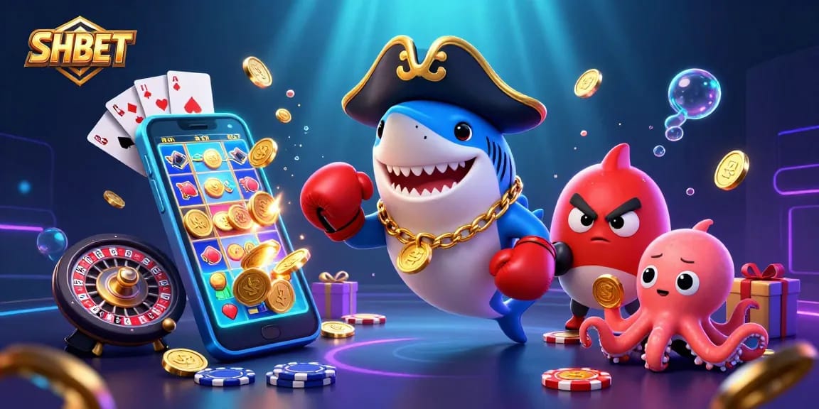 SHBET's pirate shark character enjoying vibrant slot game action amidst animated coins and casino elements.