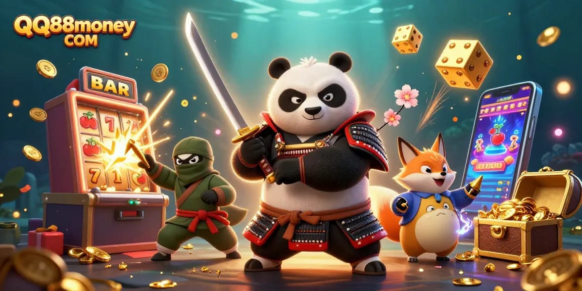 Experience thrilling casino jackpots at QQ88money COM with vibrant samurai panda and ninja fox!