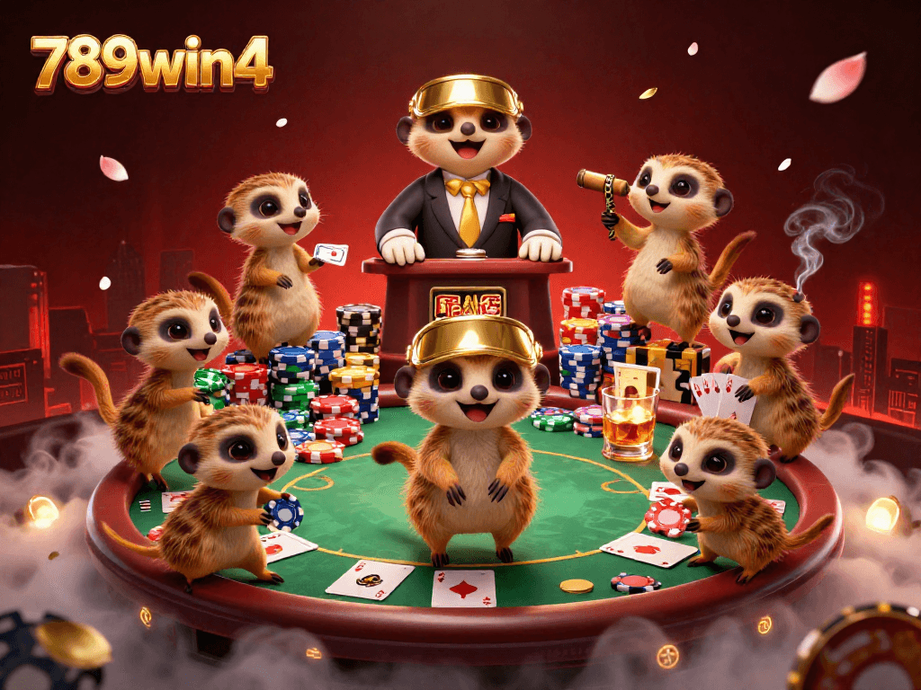Engage with 789win4 by immersing in an elaborate meerkat casino scene with vibrant poker action.