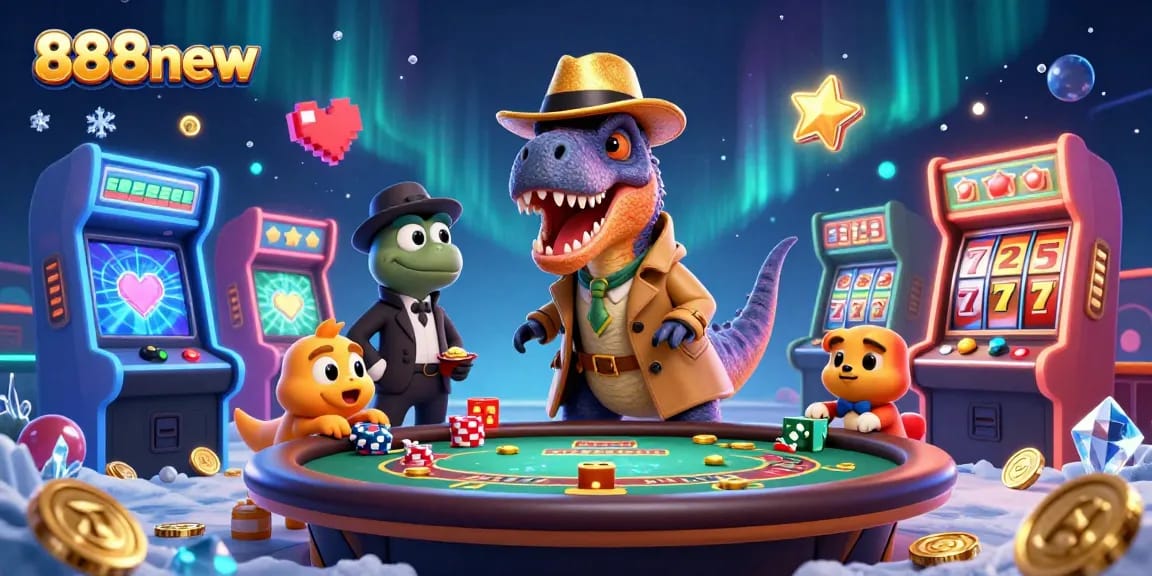 Win big at 888new with a dynamic 3D casino illustration featuring a velociraptor and fun gaming elements.