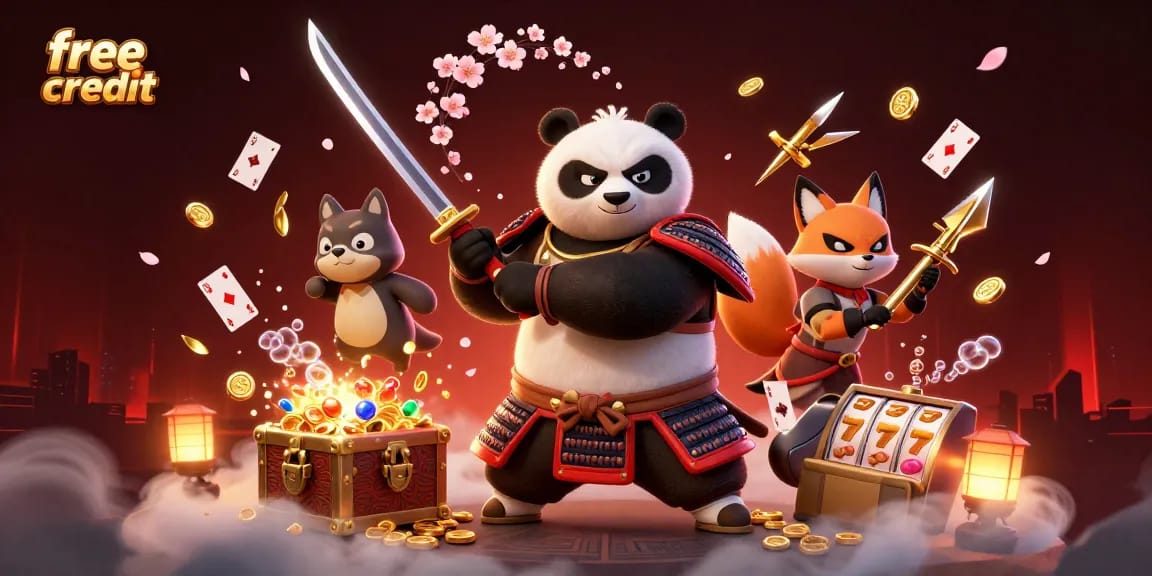 Experience thrilling free credit bonuses with samurai panda and ninja fox in a vibrant casino scene.