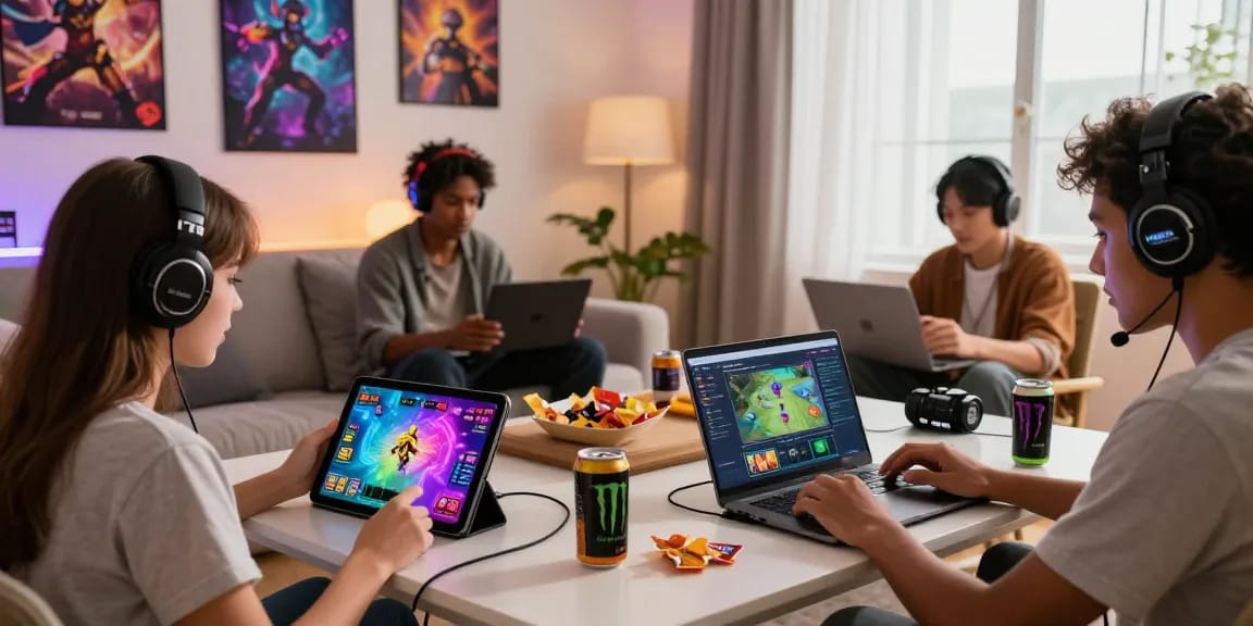 Players enjoying online sex games on multiple devices, showcasing a lively gaming environment.