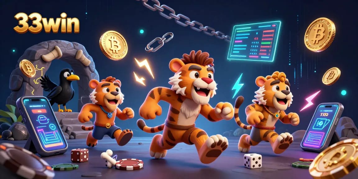 Engage with 33win and witness a vibrant prehistoric casino scene with action-packed betting elements.