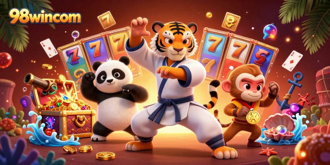 Experience the excitement of 98wincom with cartoon characters celebrating big wins among vibrant slot machines.