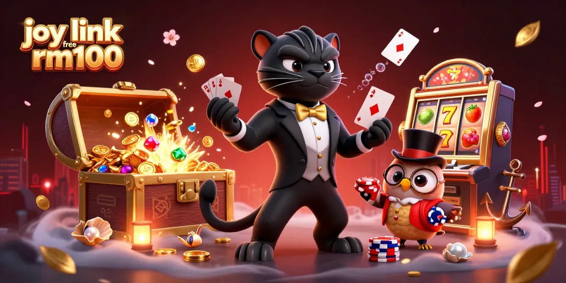 Engage with joy link free credit rm100 through a vibrant 3D casino scene featuring a panther and owl.