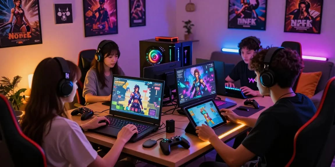 Exciting gaming room featuring nsfw ai characters and friends engaged in adult gaming.