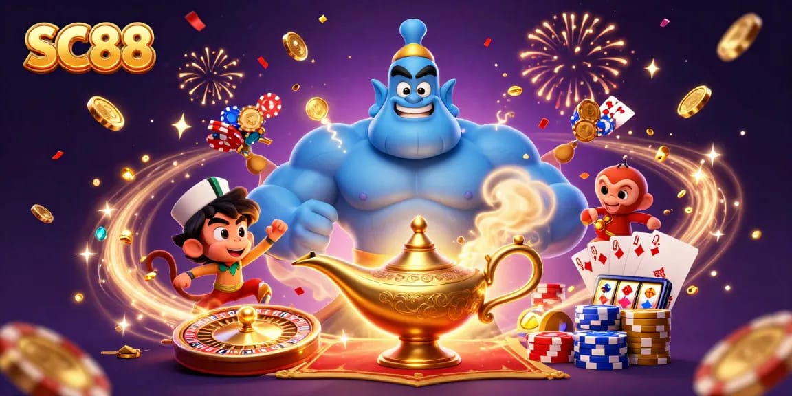 Experience SC88's thrilling casino atmosphere with a blue genie and poker-themed elements.