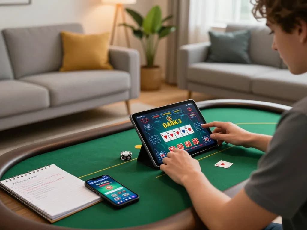 Engaging player focused on topgamebai poker game on tablet, emphasizing strategic gameplay.