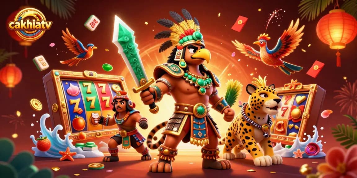 Experience high-energy gaming with cakhiatv's stunning Aztec warrior and dynamic slot elements.