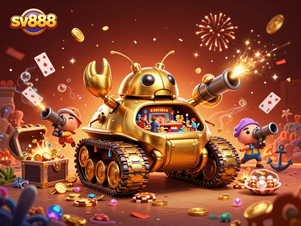 Engage with sv888's vibrant casino world featuring a golden beetle tank and treasures.