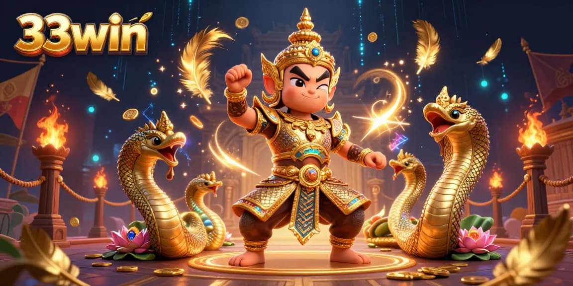 Engage with 33win's vibrant action, showcasing a dynamic 3D Thai guardian amidst gambling elements.