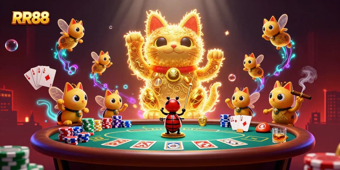 RR88 showcases a lucky cat and beetle conductor amidst vibrant casino elements, merging luck and entertainment.