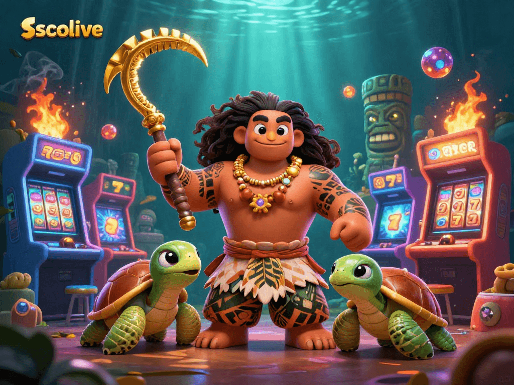 Socolive's vibrant gaming scene featuring a Maui-style demigod hawk with retro slots and glowing tiki elements