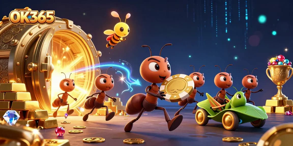 Experience thrilling heist action with OK365's ants, poker chips, and treasure elements in a vibrant casino scene