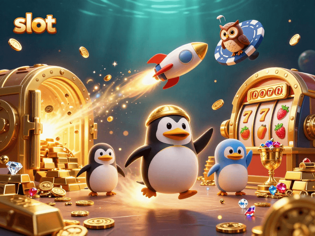 Engage with the slot world in this vibrant 3D illustration of penguin adventures and casino treasures.