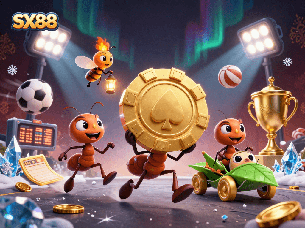SX88 showcases ants stealing a giant poker chip in a dynamic casino heist scene, featuring vibrant game elements.