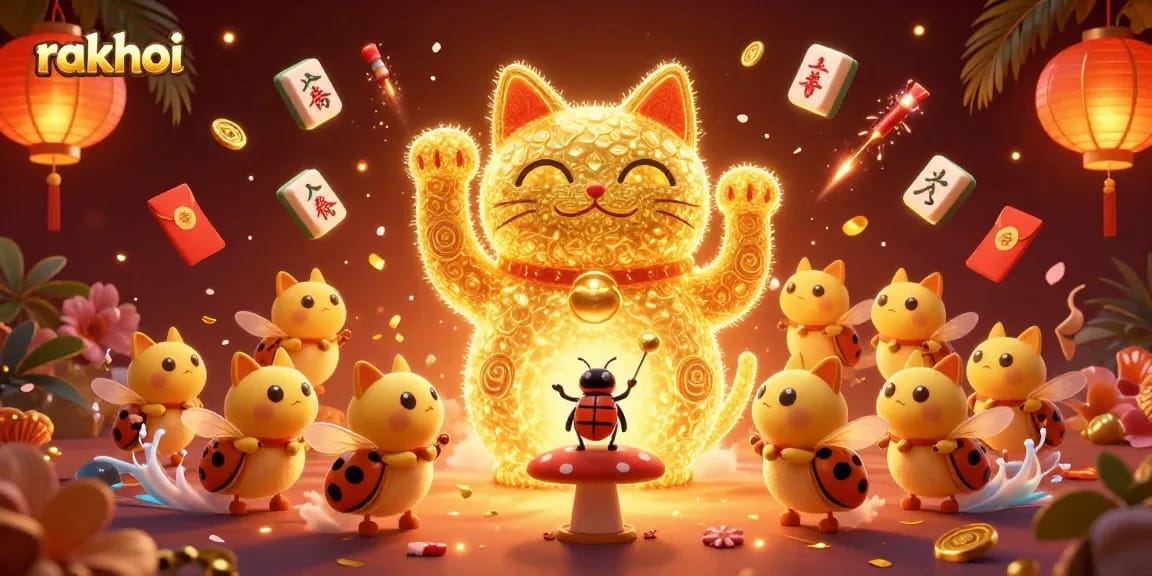 Watch the dynamic lucky cat at rakhoi casino with golden fireflies and festive elements swirling around